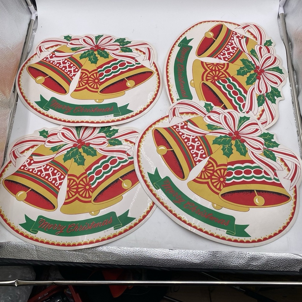Town & Country Vinyl 1980s Christmas Table Placemats 14 X 17 Bells MCM White